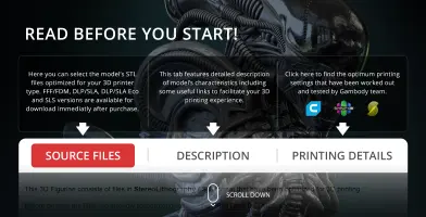 Close-up of a Xenomorph Mesoskeleton 3D model interface with print options and descriptions.