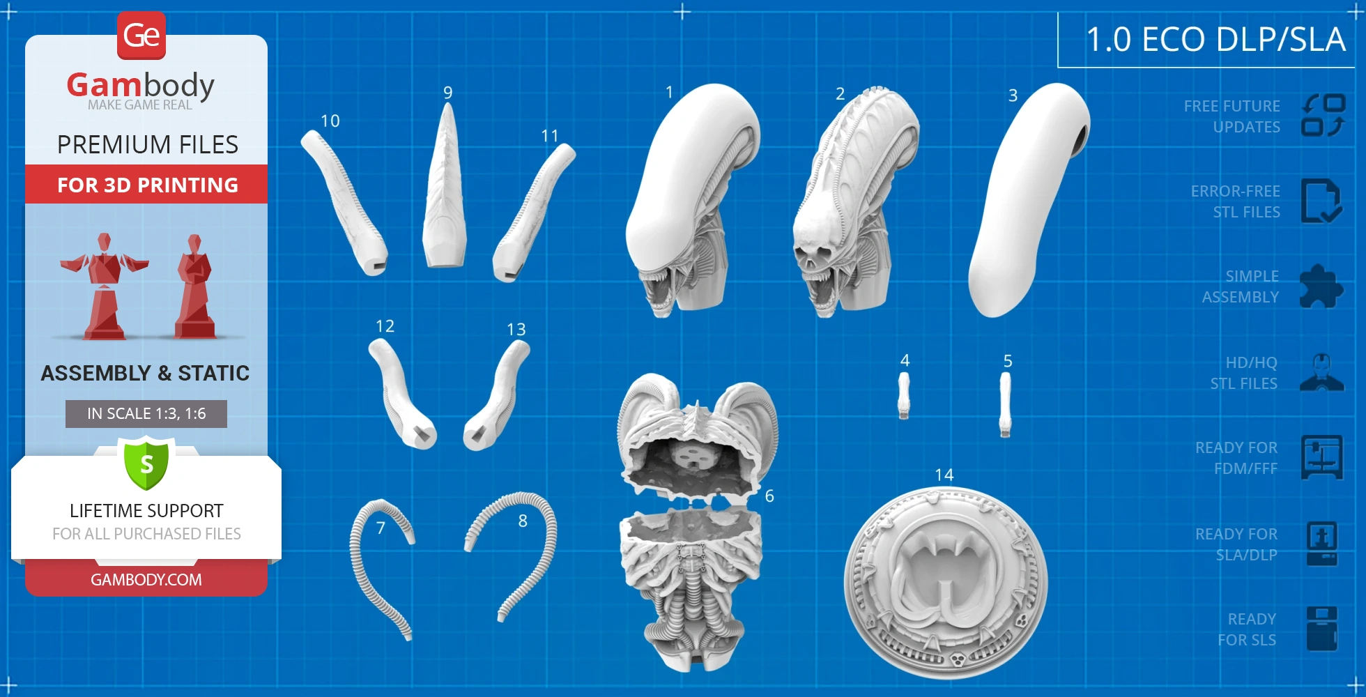 Xenomorph mesoskeleton bust parts for 3D printing, displayed on a blueprint-style background.