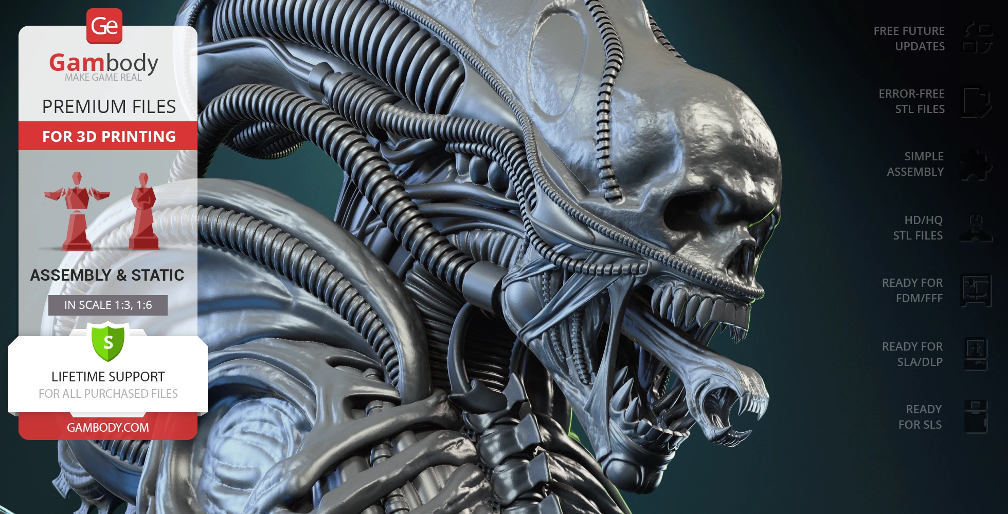 Detailed 3D model of a biomechanical alien creature's head with a sleek, ridged design and open jaws.