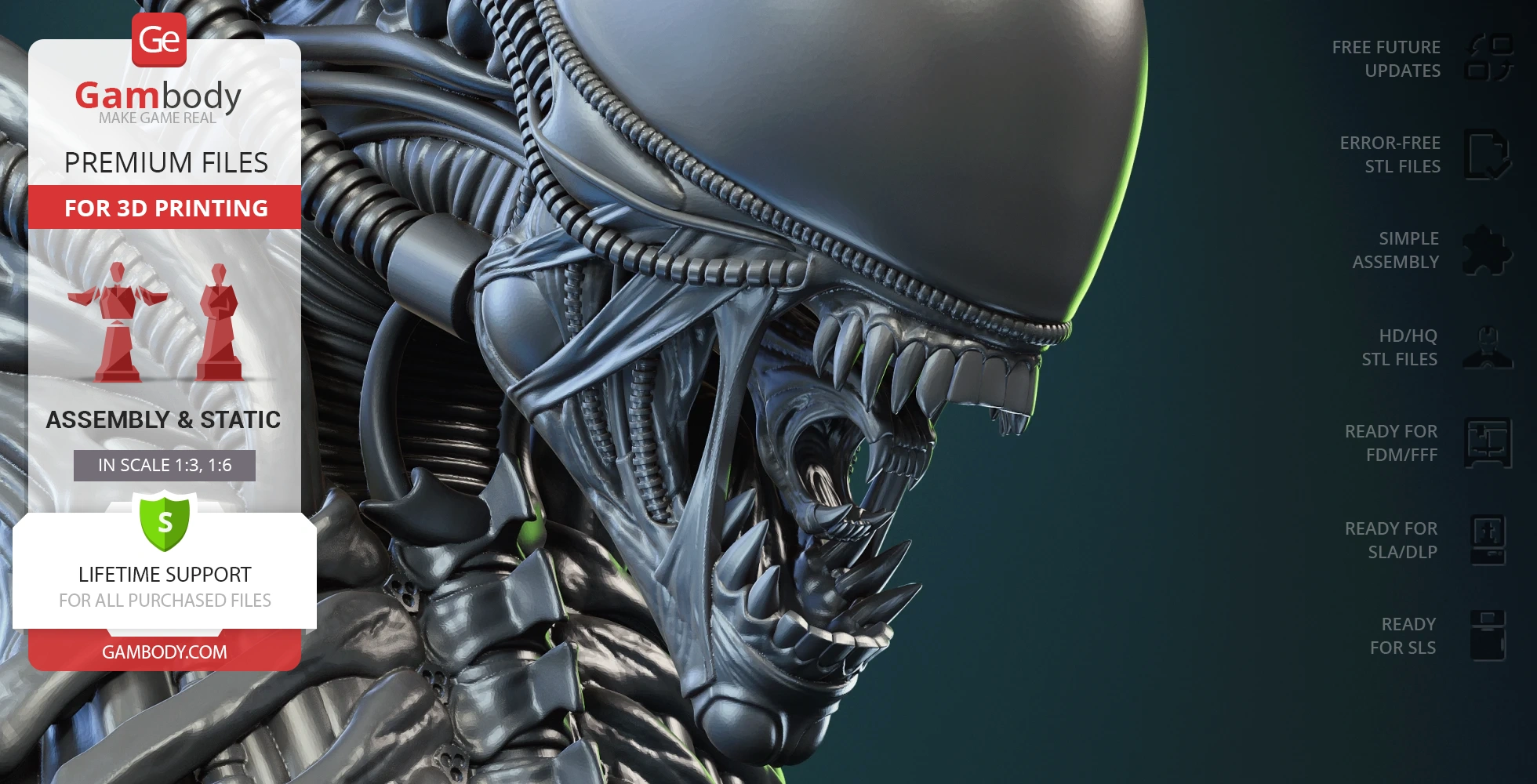 A detailed, biomechanical alien bust with an elongated head, sharp teeth, and intricate skeletal features.