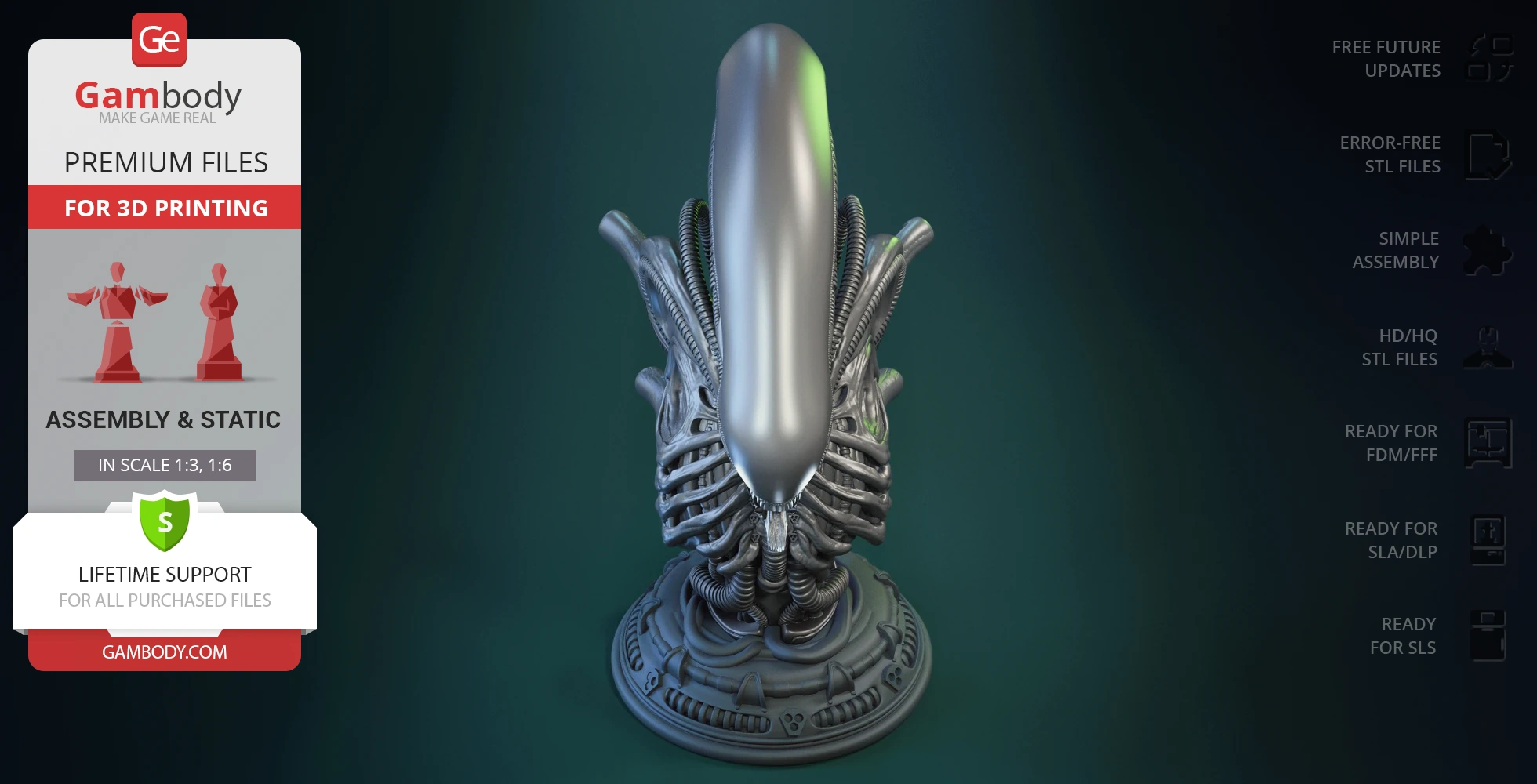 A detailed Xenomorph mesoskeleton bust for 3D printing with intricate biomechanical features.