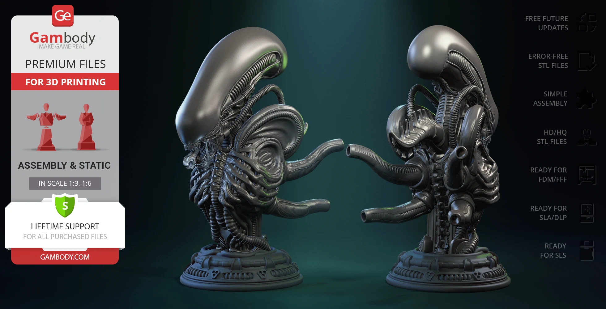 Alien creature bust with elaborate exoskeleton and elongated head, designed for 3D printing.