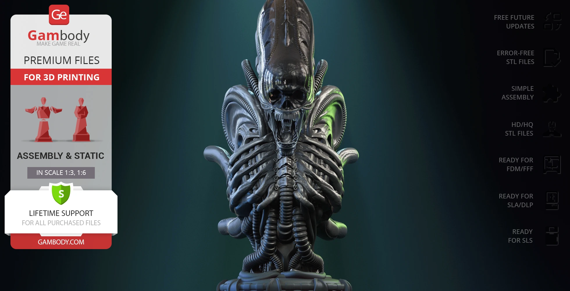 A detailed 3D bust of a xenomorph with intricate biomechanical features for 3D printing.