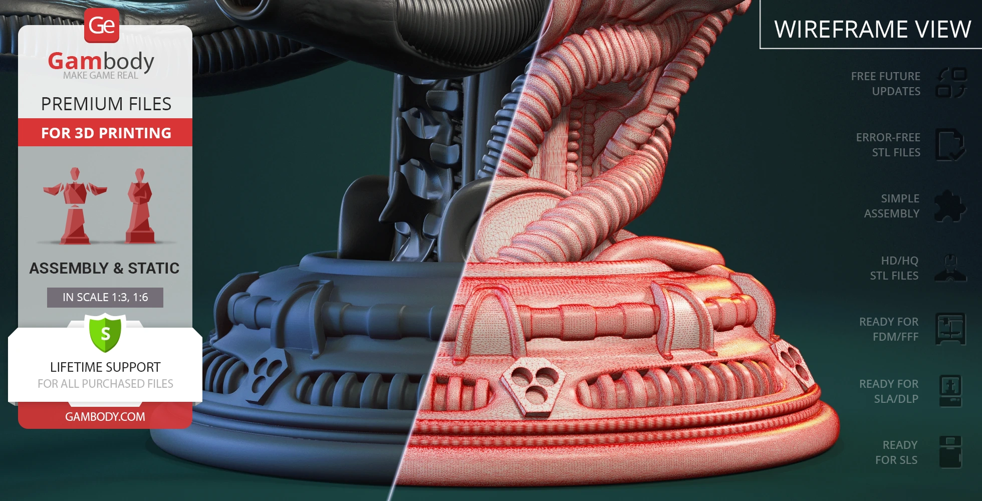 Xenomorph mesoskeleton bust 3D model with wireframe view, available for printing in various scales.