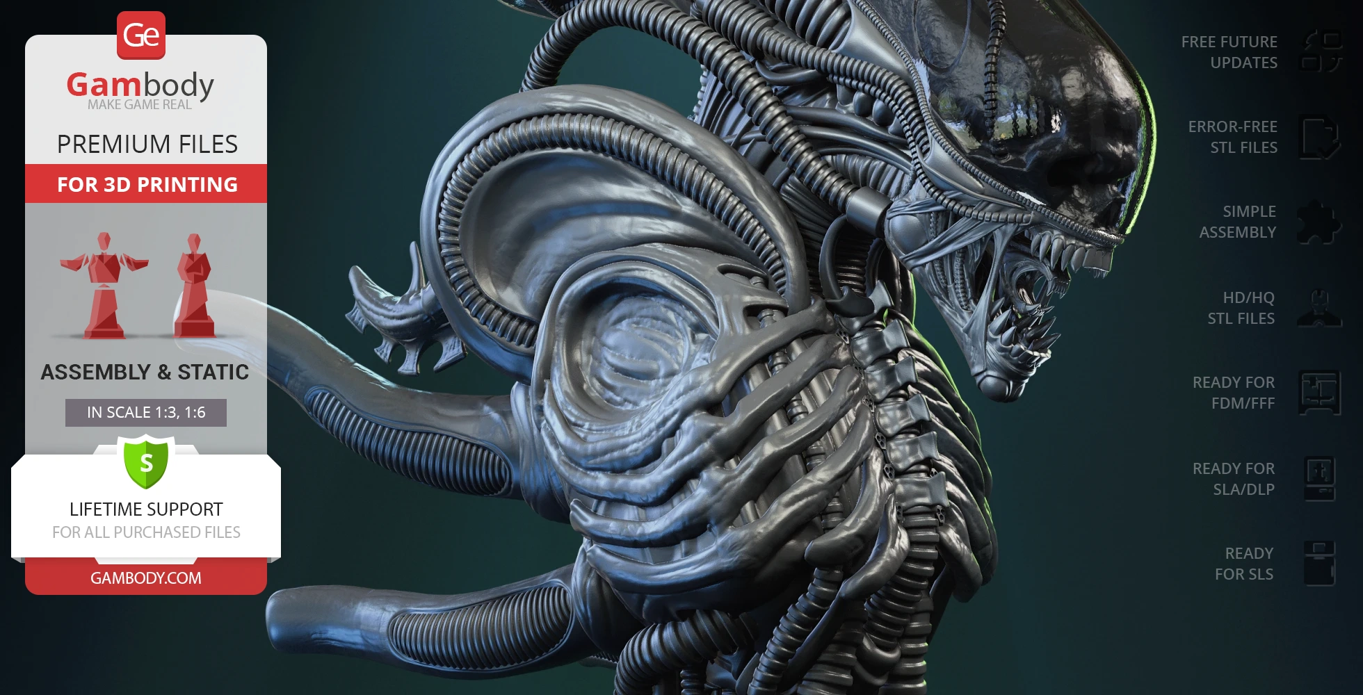 A detailed 3D model of an alien creature's head and upper torso, featuring biomechanical textures.