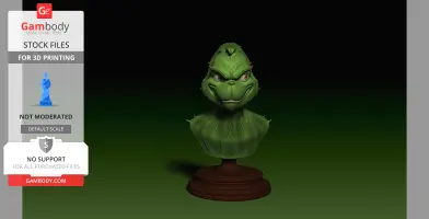 A detailed green bust of a mischievous character with a sly expression, set on a wooden stand.