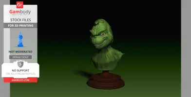 A green bust of a mischievous-looking creature on a round wooden base for 3D printing.