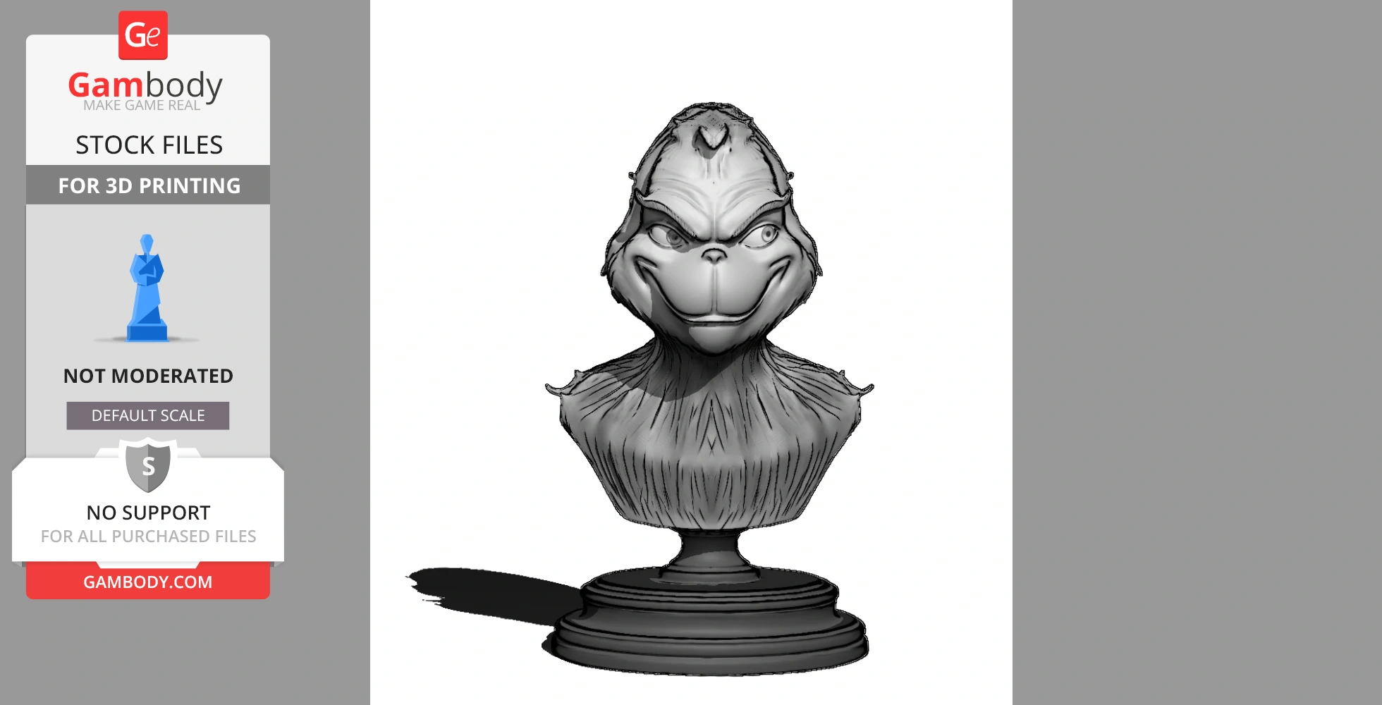 3D printed bust of a whimsical character with a mischievous grin, on a round pedestal.