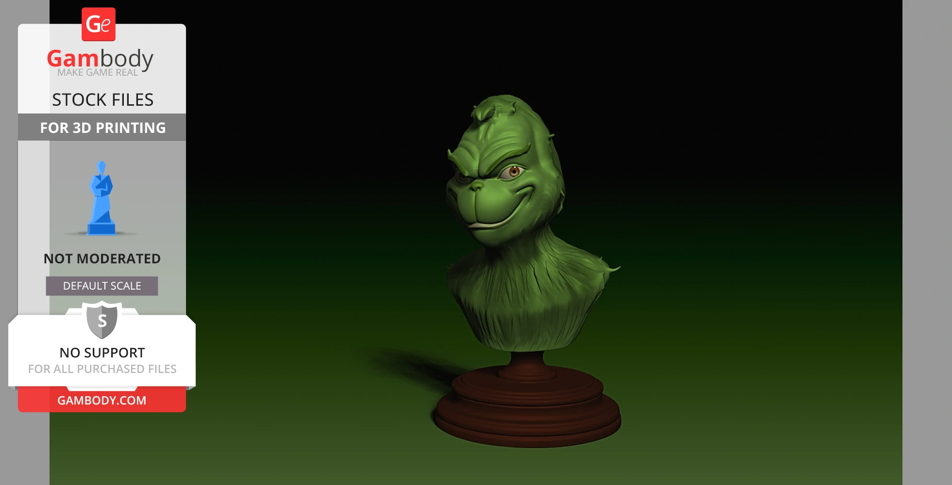 A green bust of a mischievous-looking creature on a round wooden base for 3D printing.