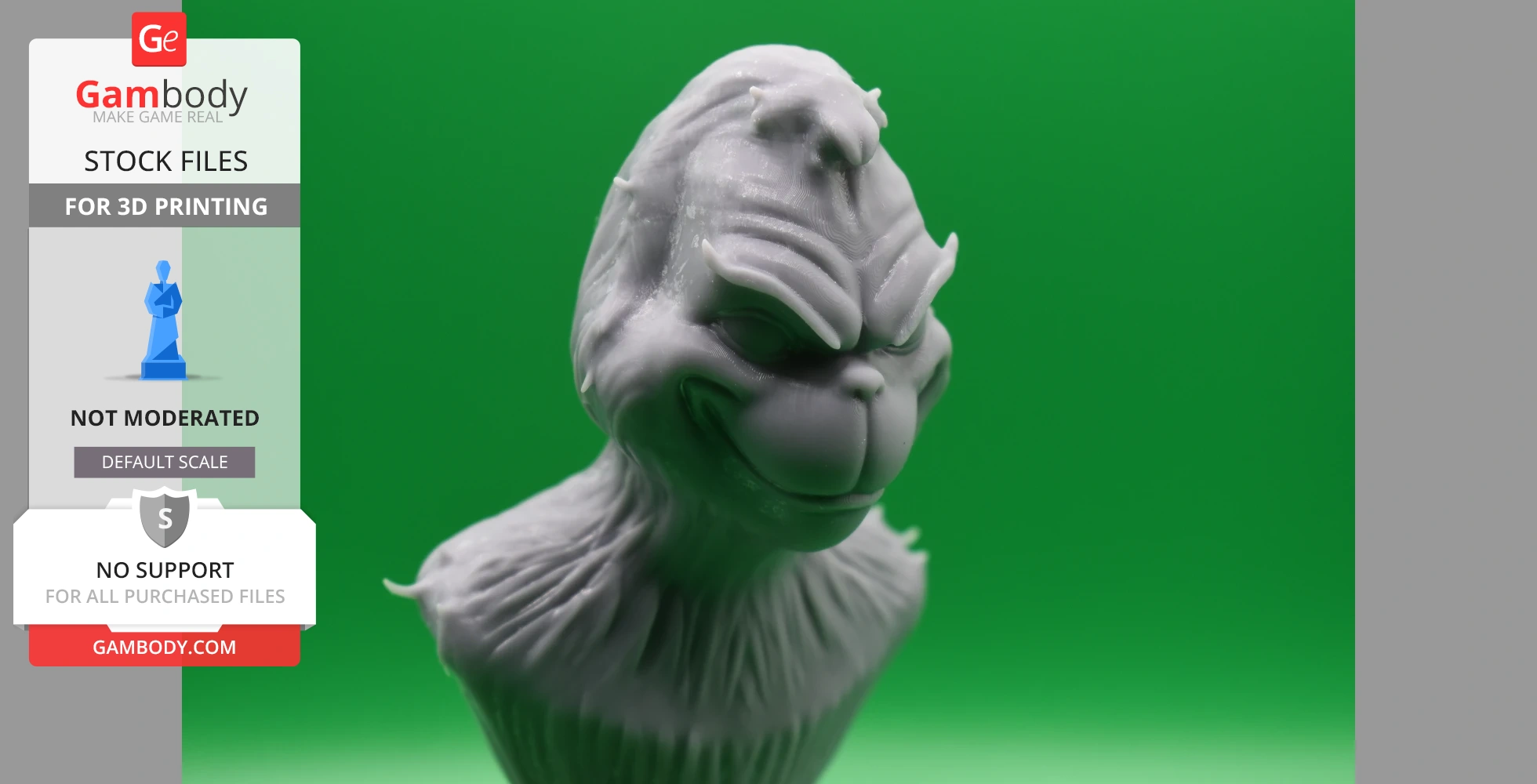 A 3D printed bust of a mischievous character with a furry texture on a green background.