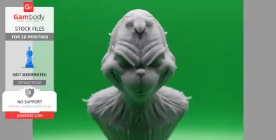 3D printed bust of a grumpy, furry character with a mischievous grin, set against a green background.