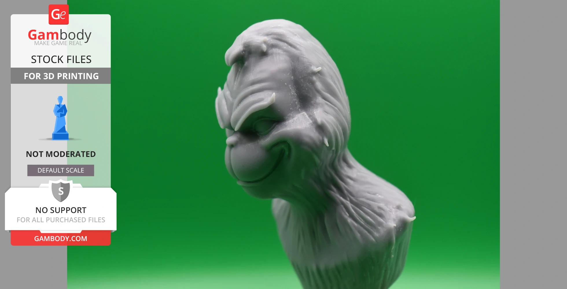Gray 3D-printed bust of a grinning creature with pronounced features, set against a green background.