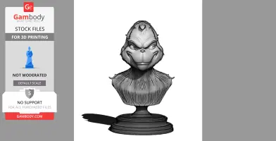 3D printed bust of a whimsical character with a mischievous grin, on a round pedestal.
