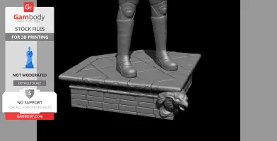 A 3D model base with armored boots standing on a stone platform, featuring a lion's head decoration.