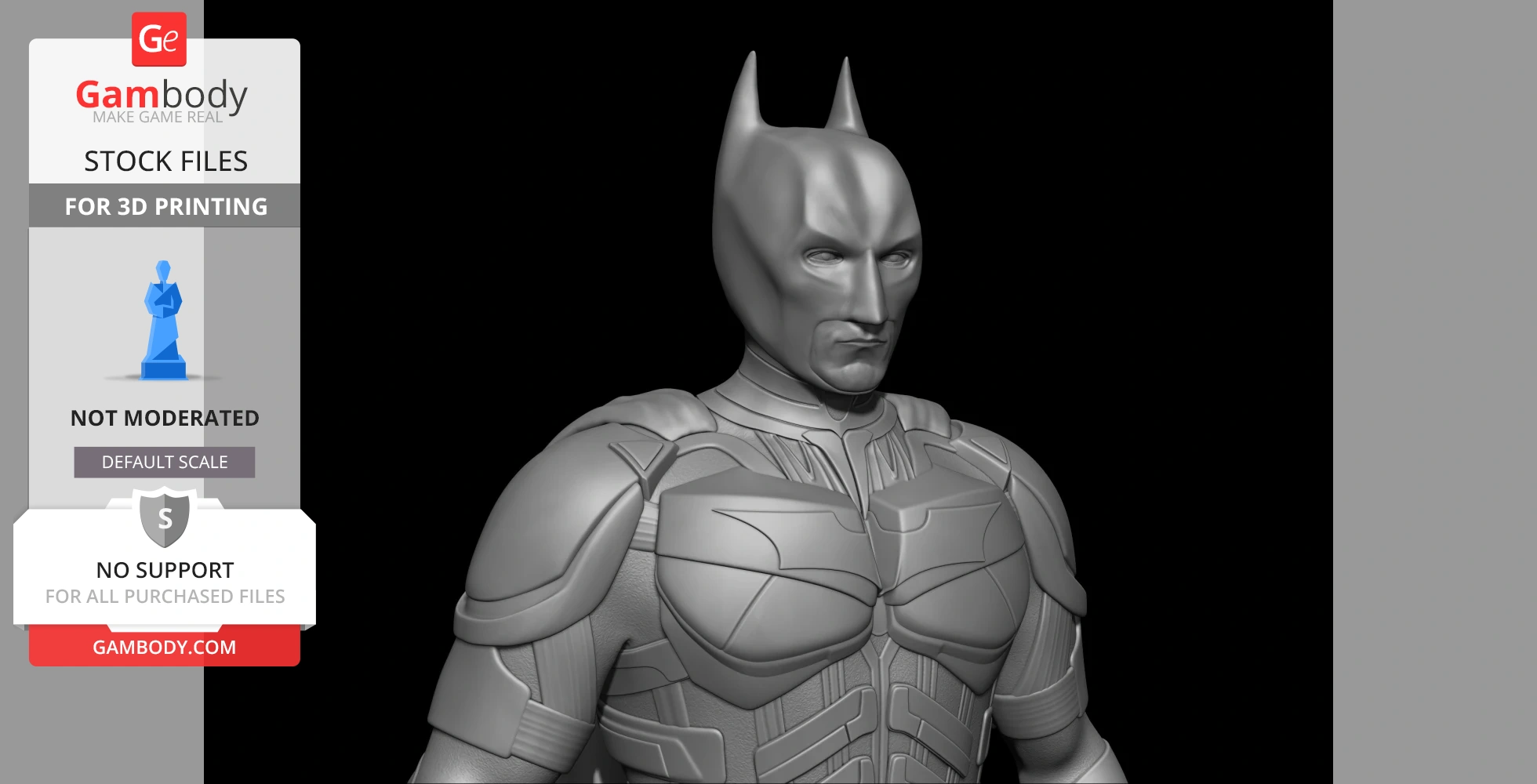 3D model of a superhero with a detailed armored suit and pointy-eared cowl for printing.