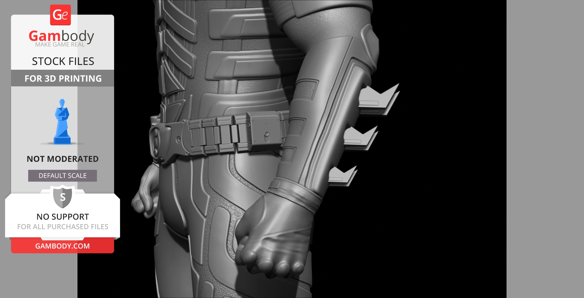 Detailed 3D printed Batman arm in armor with fins and utility belt.