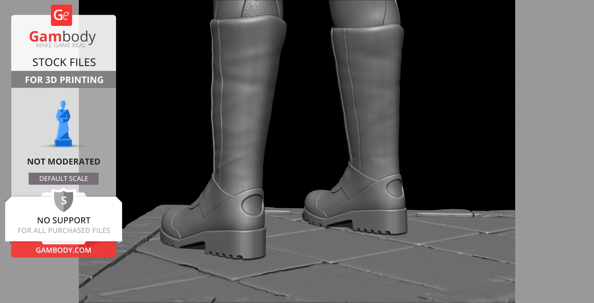 Close-up view of detailed boots on a textured base, designed for 3D printing.
