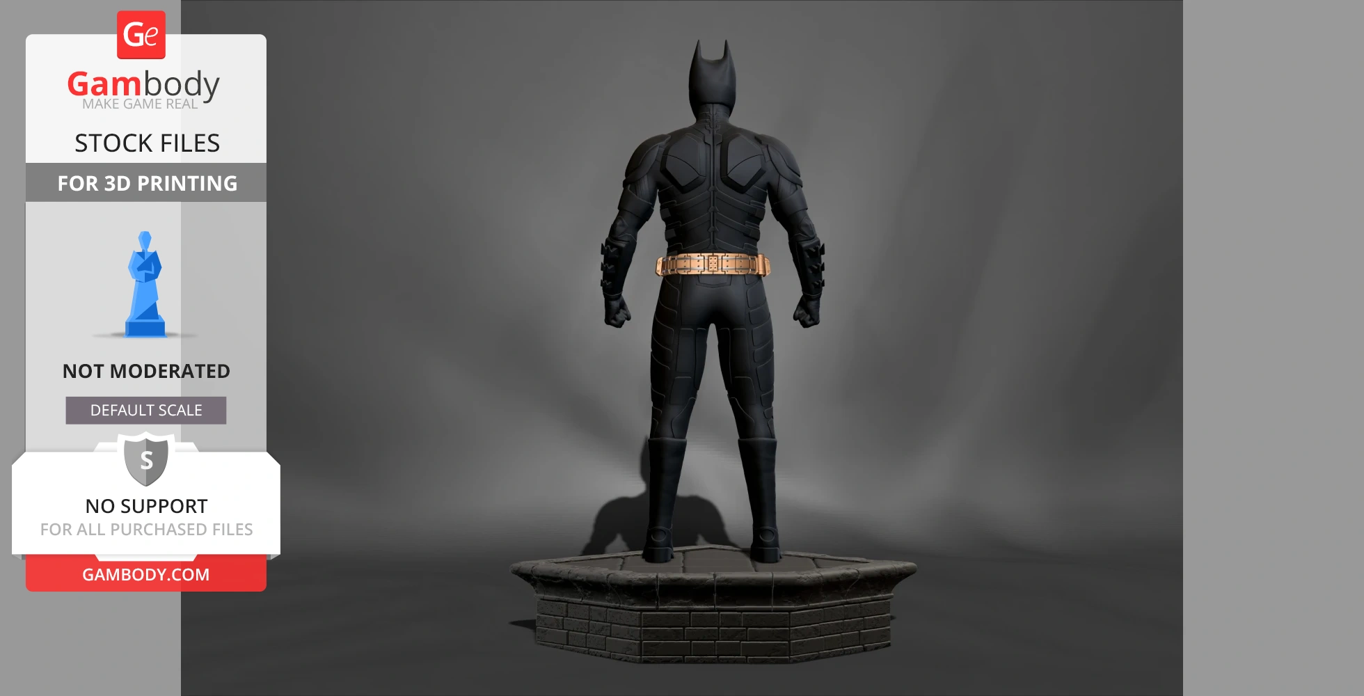 The model shows a rear view of a superhero in a black armored suit with a gold utility belt on a stone base.