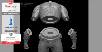 3D model of Batman's torso and arms for printing, featuring detailed armor and utility belt sections.