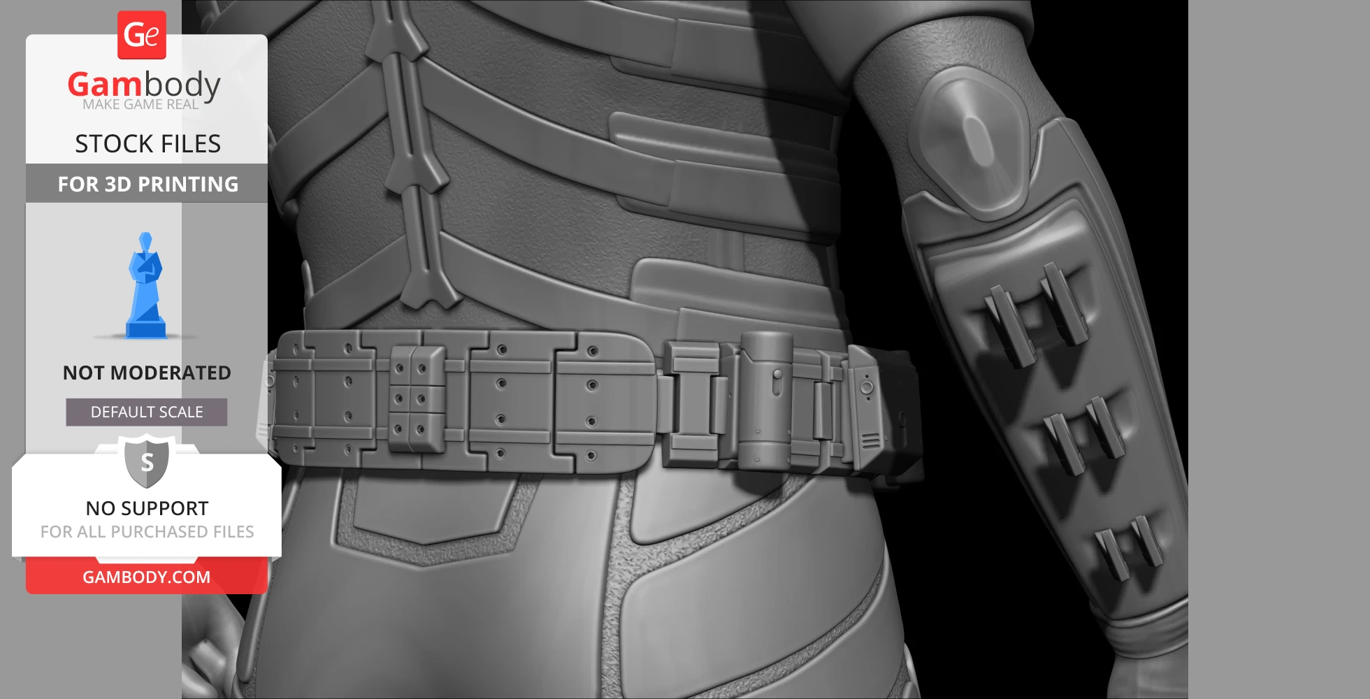 Close-up of a detailed 3D model of a utility belt and armor, designed for 3D printing.
