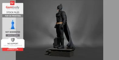 3D model of a superhero in a black suit with a cape, standing on a detailed brick pedestal.