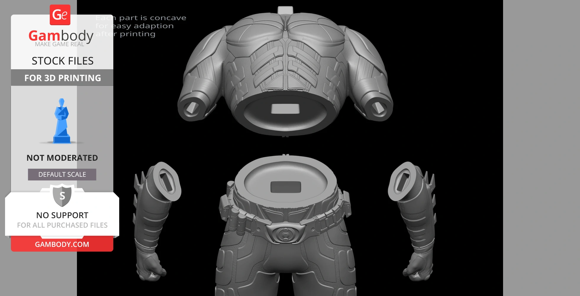 3D model of Batman's torso and arms for printing, featuring detailed armor and utility belt sections.