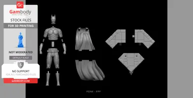 Modular 3D model parts of a Batman figure, including torso, legs, cape, and base, for printing.