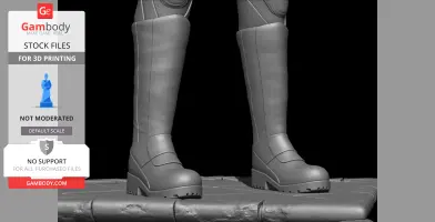 Close-up of a detailed 3D model of armored boots on a textured base, ideal for 3D printing.