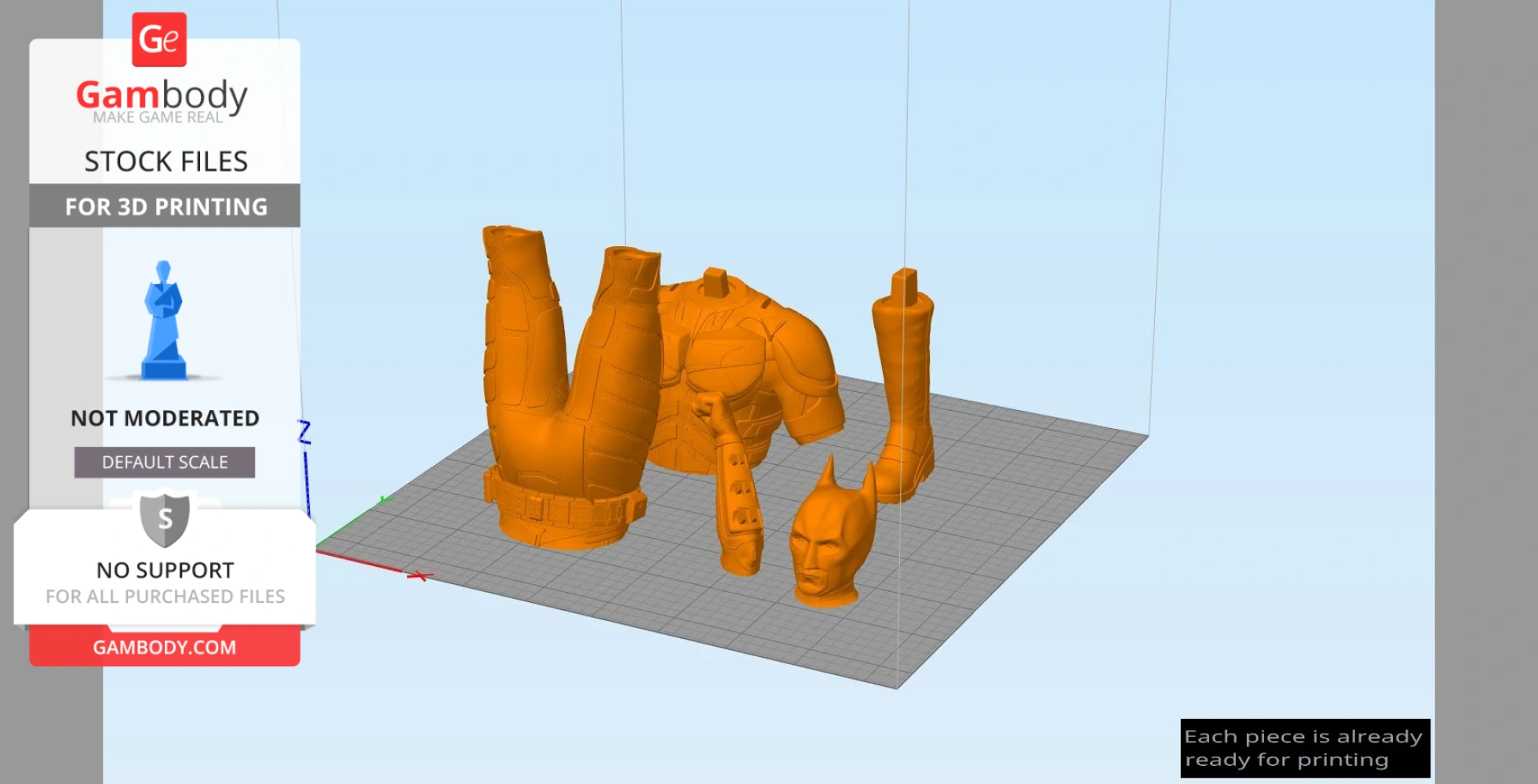 3D model parts of a superhero: torso, cowl, legs, and arms on a virtual 3D printing bed.