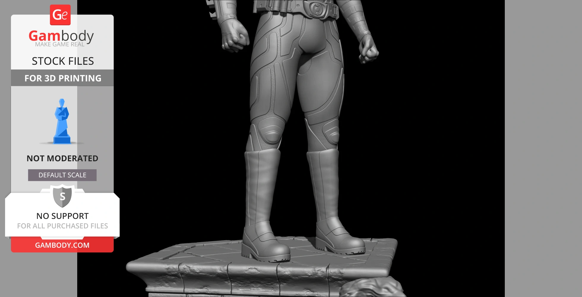 3D model of The Dark Knight from waist down, in detailed armor, standing on a decorative base.