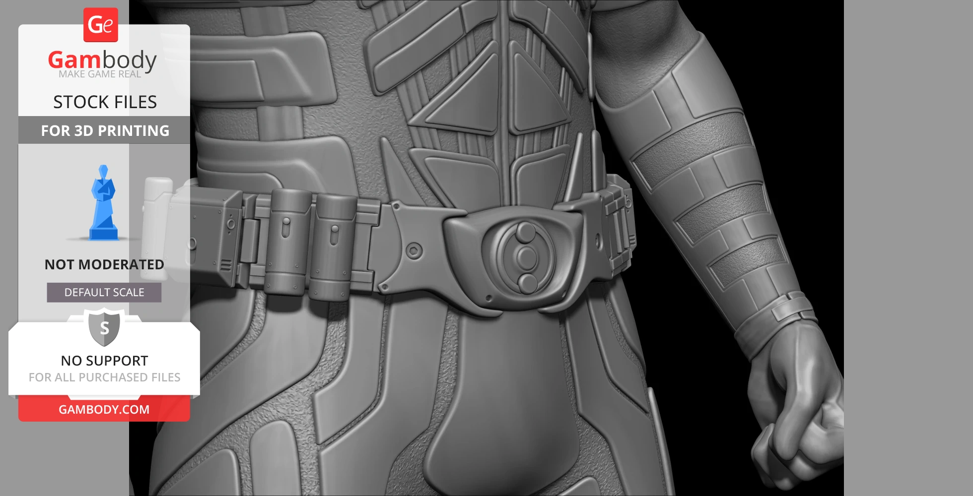 Detailed 3D model close-up of a superhero costume with a utility belt and textured armor design.