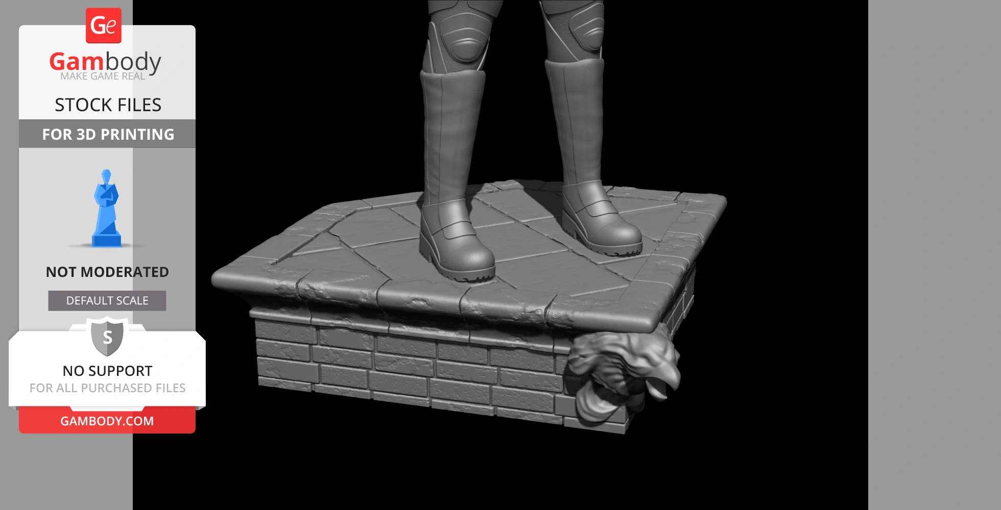 A 3D model base with armored boots standing on a stone platform, featuring a lion's head decoration.