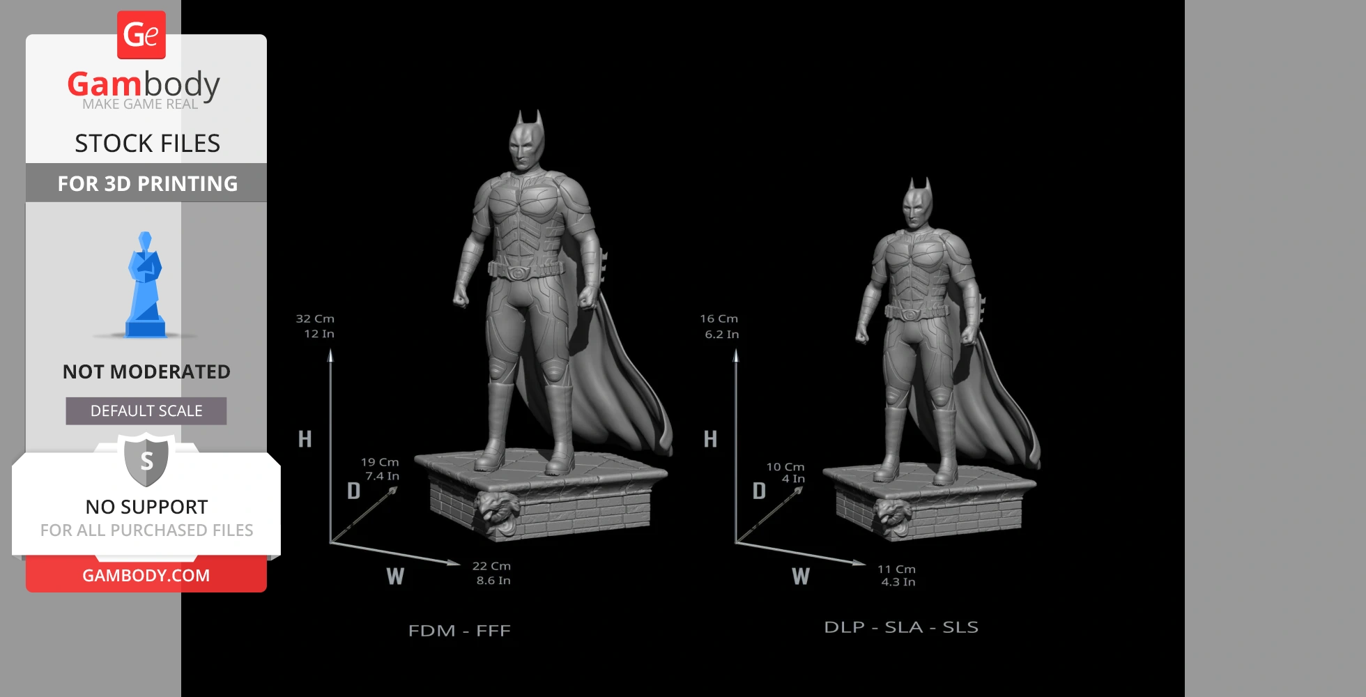 3D model of a superhero in armor and cape on a decorative base, available in two sizes for 3D printing.