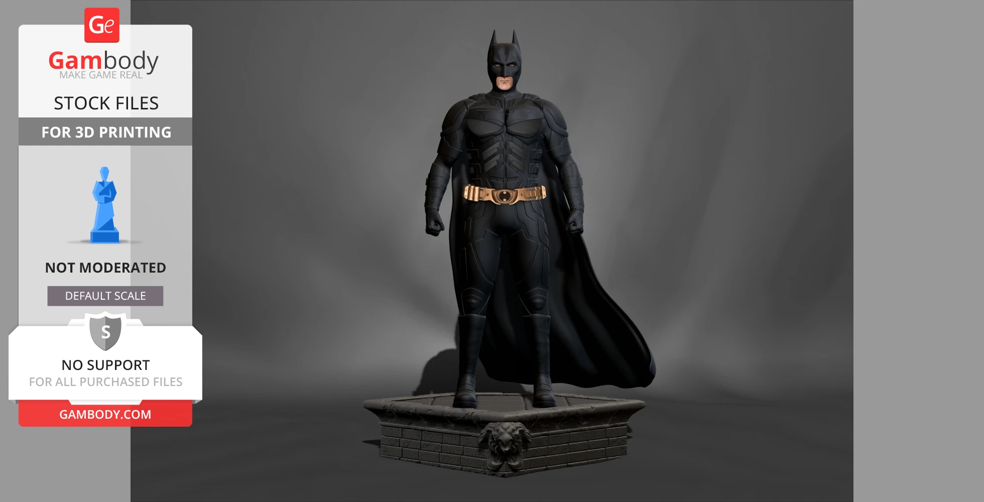 Realistic 3D model of Batman in a Dark Knight suit on a detailed base, designed for 3D printing.