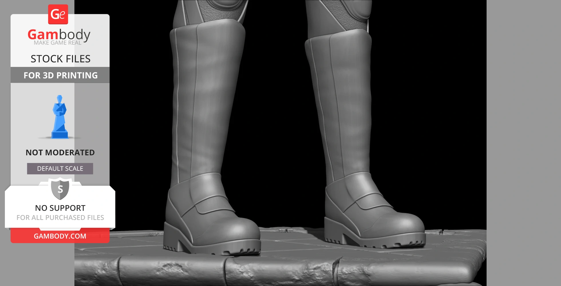 Close-up of a detailed 3D model of armored boots on a textured base, ideal for 3D printing.