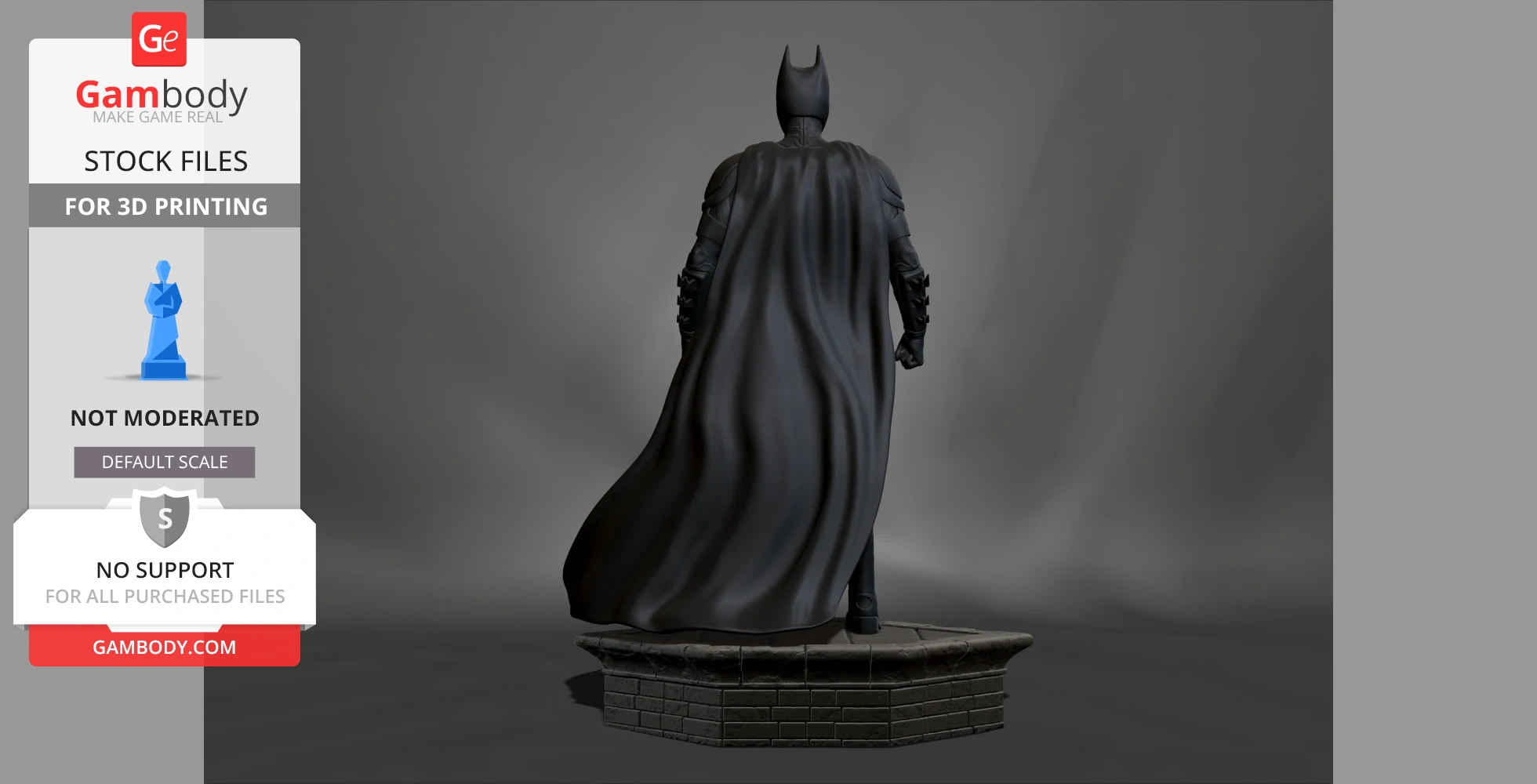 A 3D model of a superhero in a cape, standing on a brick-patterned base, viewed from the back.