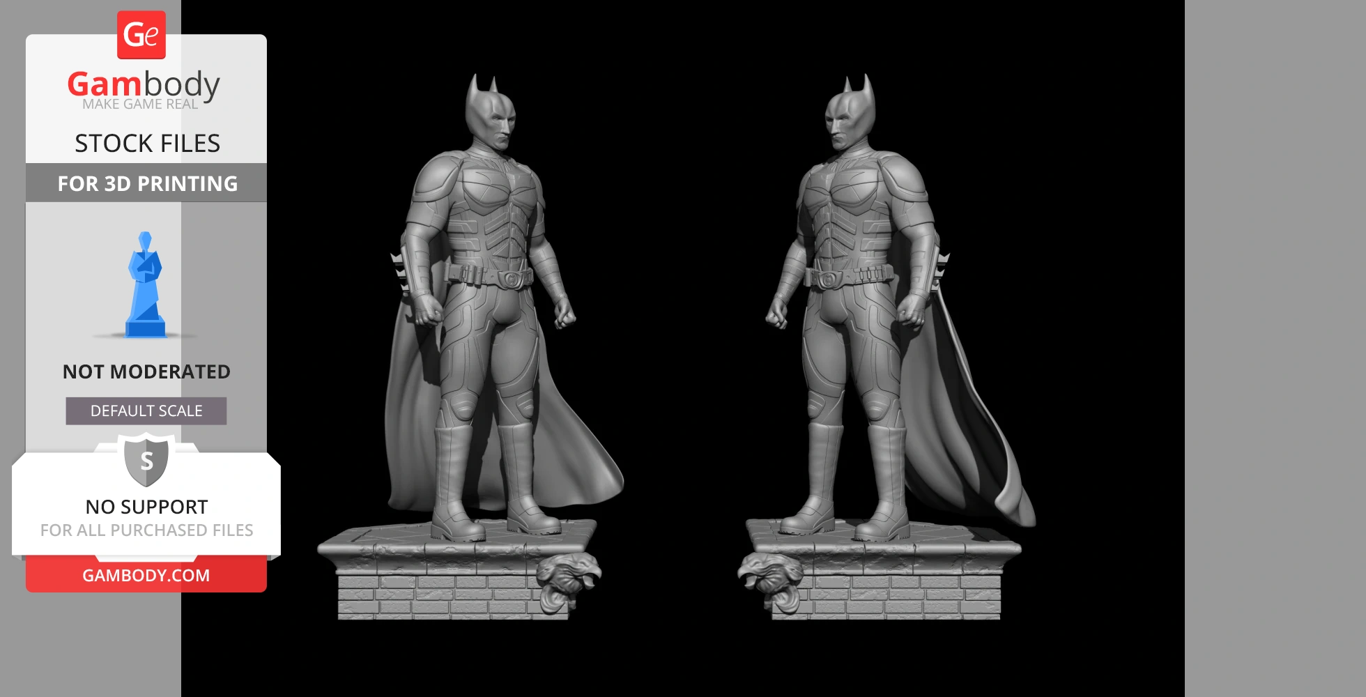 3D model of a superhero in an armored suit with a cape, standing on a detailed brick base.