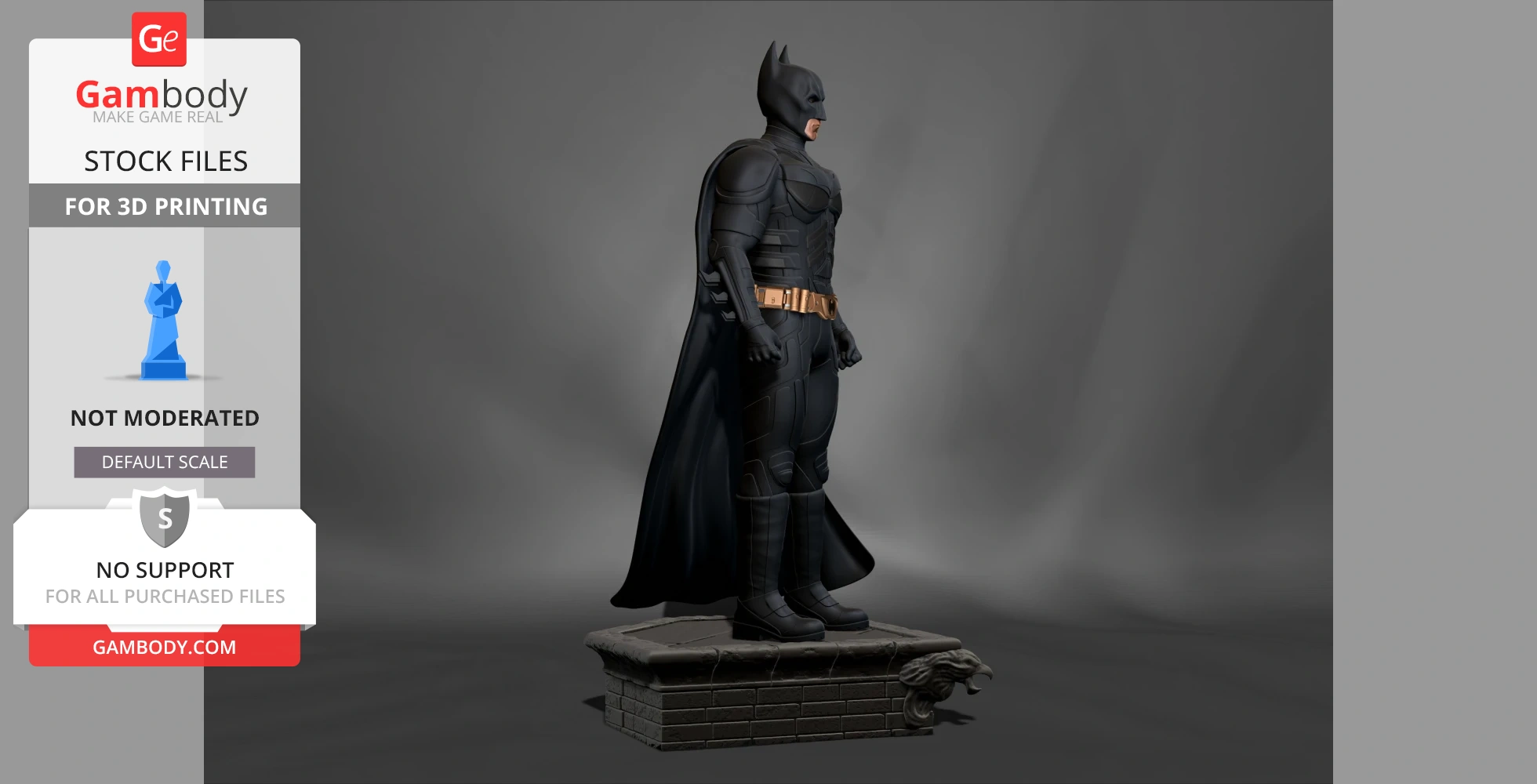 A detailed 3D model of a superhero in a black suit and cape, standing on a stone pedestal.