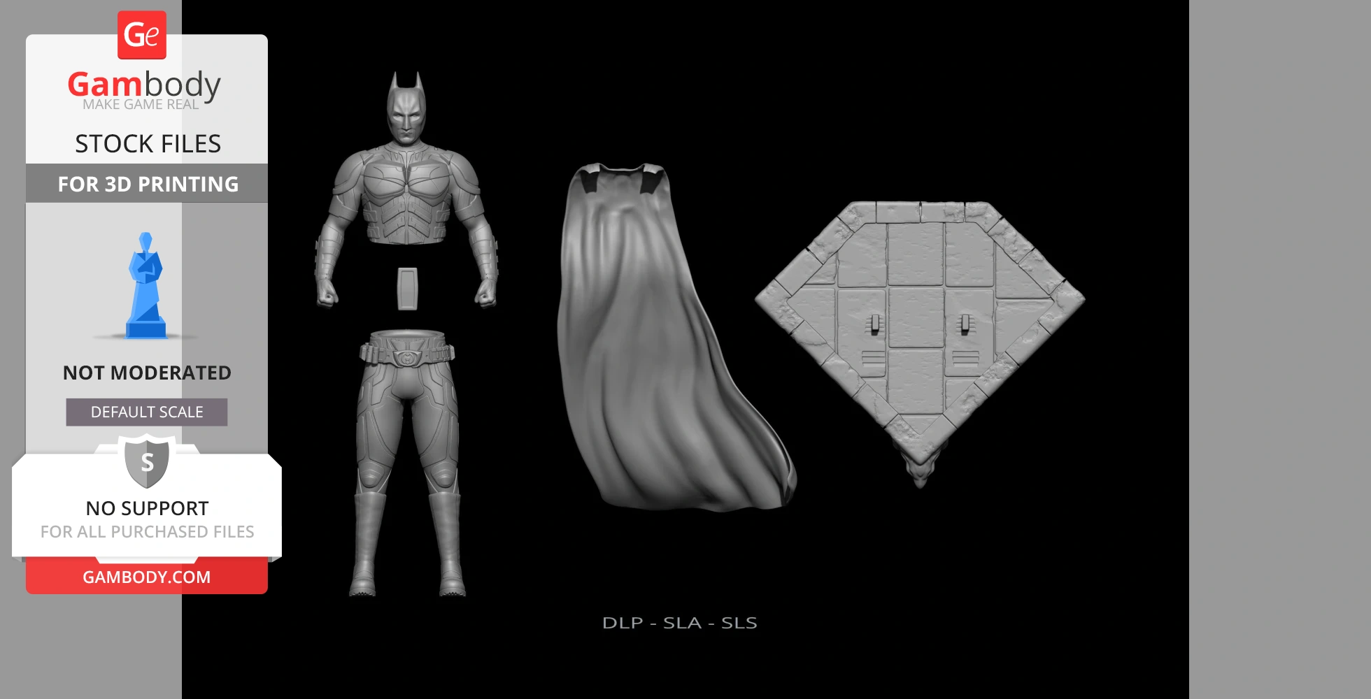Batman 3D model parts: torso, legs, cape, and base platform for printing.