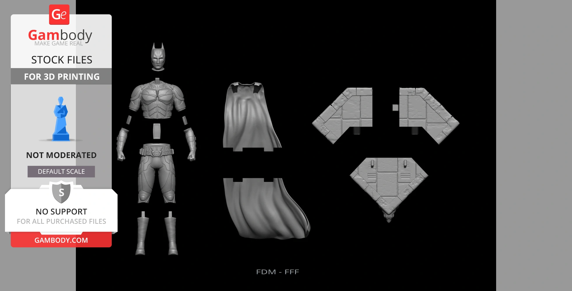 Modular 3D model parts of a Batman figure, including torso, legs, cape, and base, for printing.