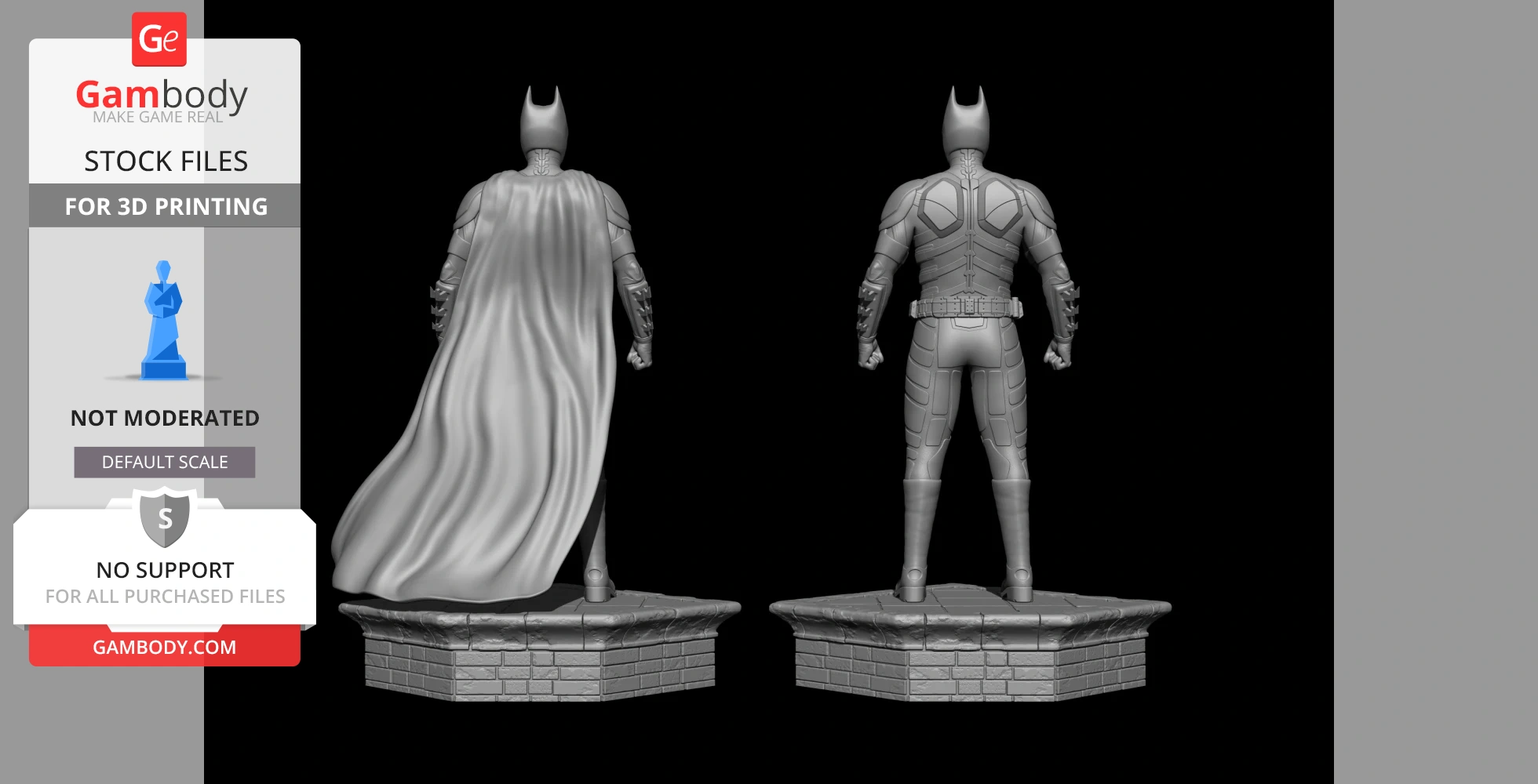 3D models of a caped superhero in armor, shown from the back on brick-like bases.