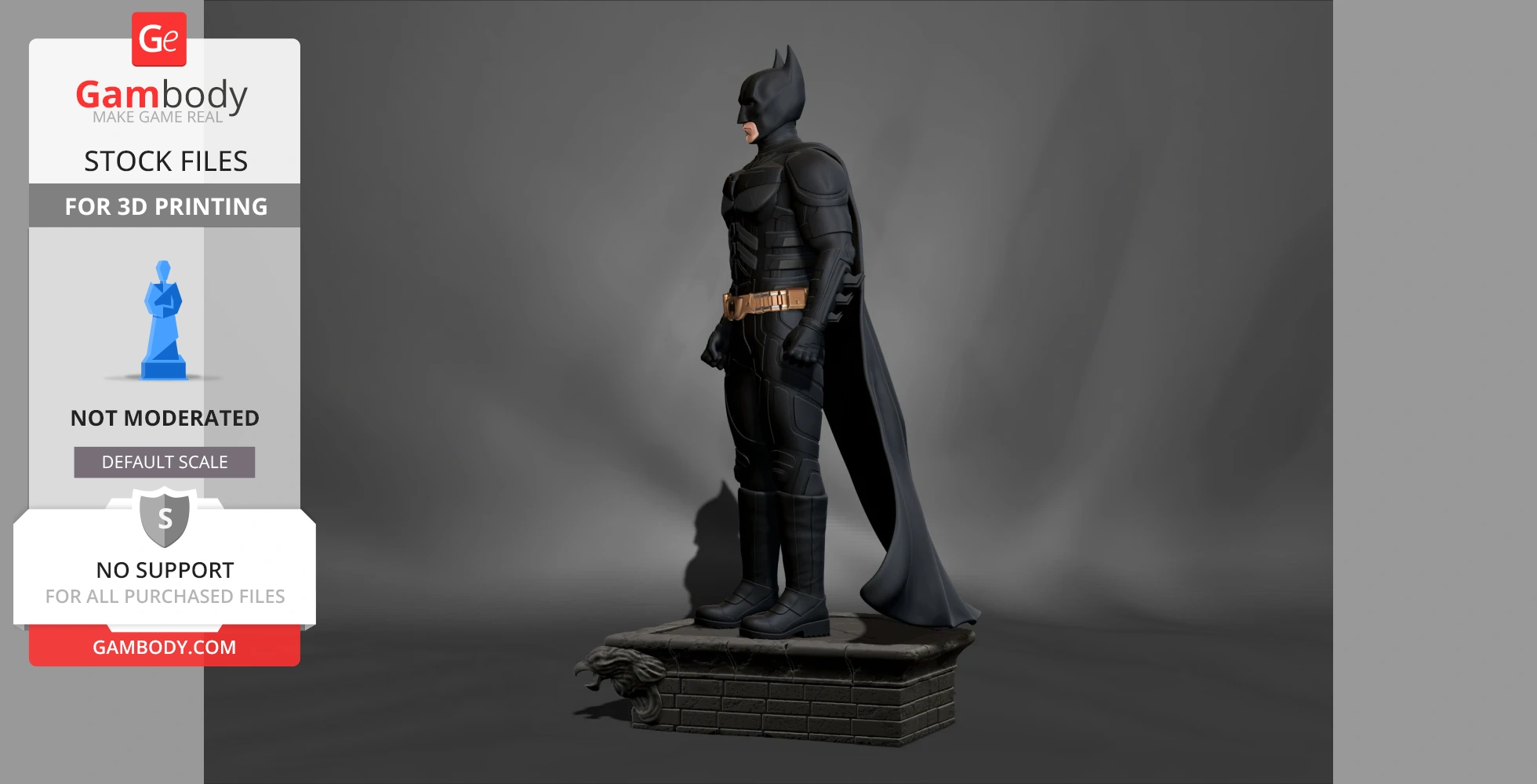 3D model of a superhero in a black suit with a cape, standing on a detailed brick pedestal.