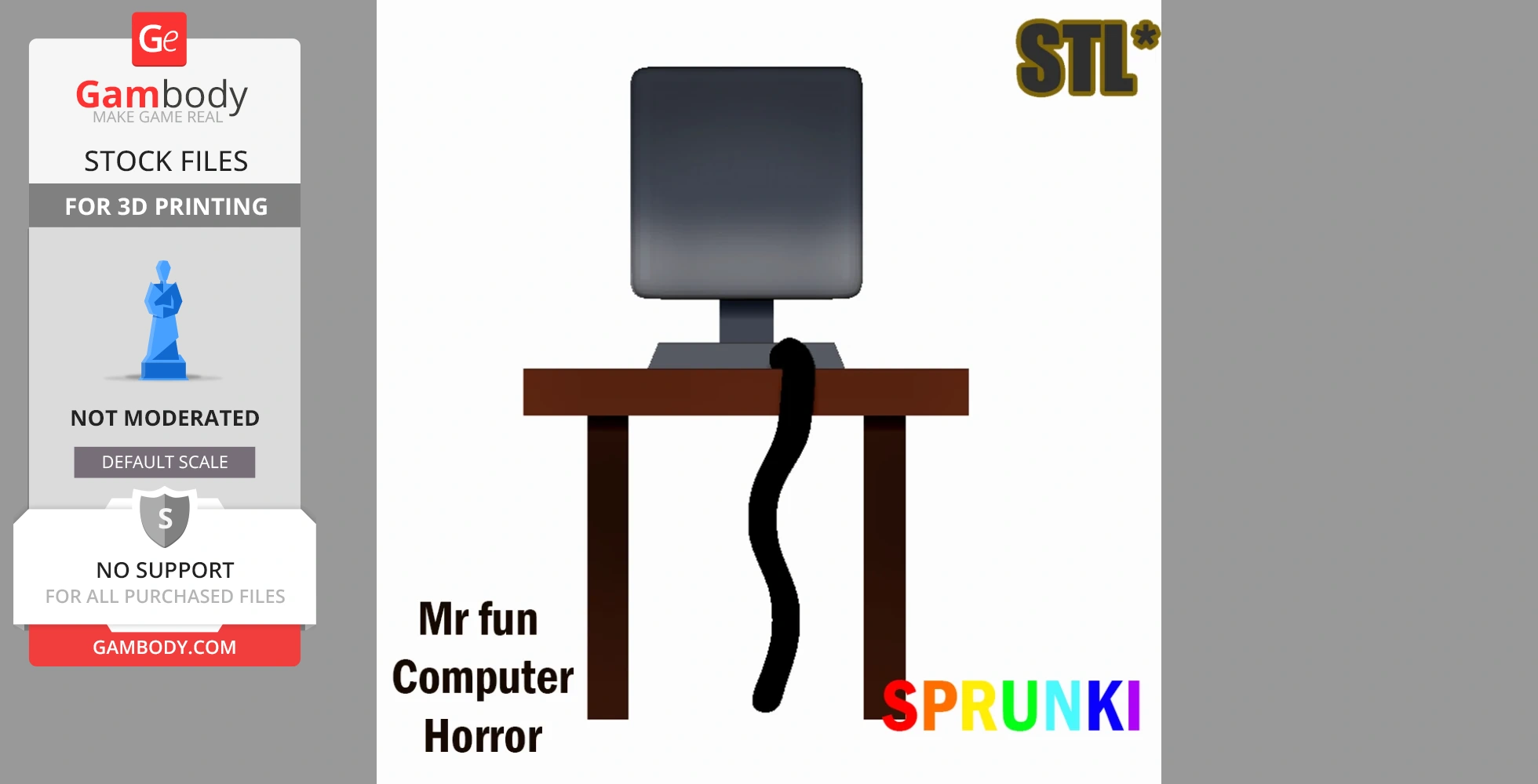 A 3D model of a computer monitor on a table with a cable, labeled 'Mr fun Computer Horror' and 'SPRUNK.'