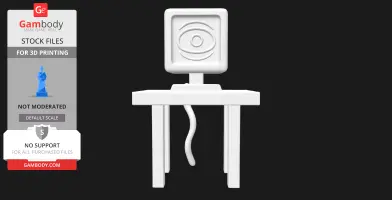 A stylized 3D model of a computer with an eye on the screen, atop a four-legged table.