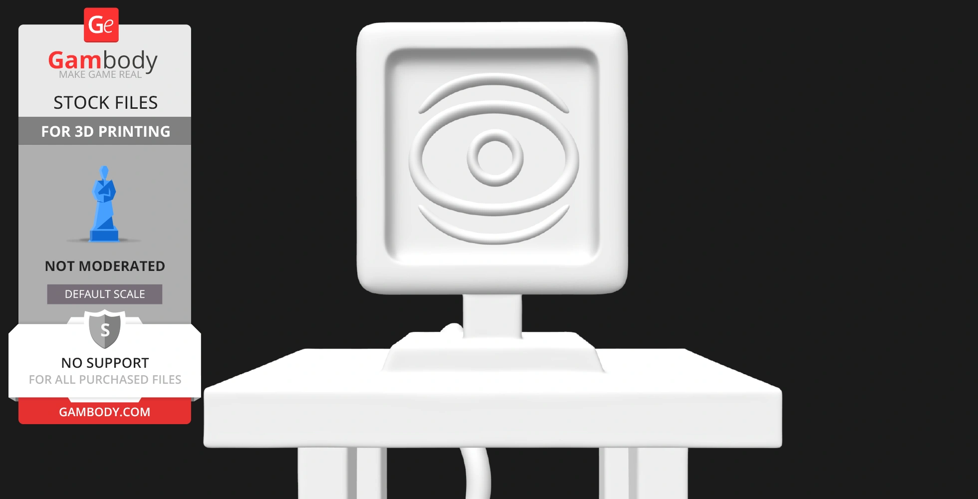 A stylized computer with an eye symbol on the screen, designed for 3D printing.