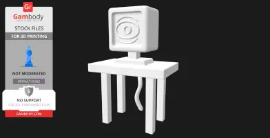A 3D model of a computer monitor on a square table with four legs and a cable.