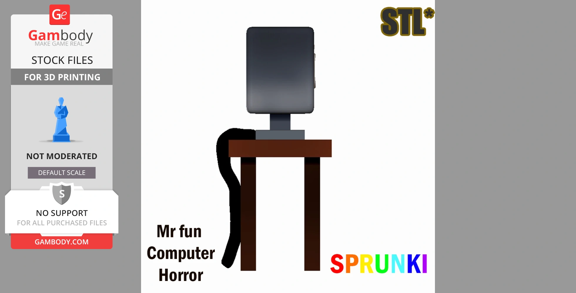 A stylized computer monitor on a wooden table with a black cable, labeled 'Mr. Fun Computer Horror' and 'SPRUNKI.'