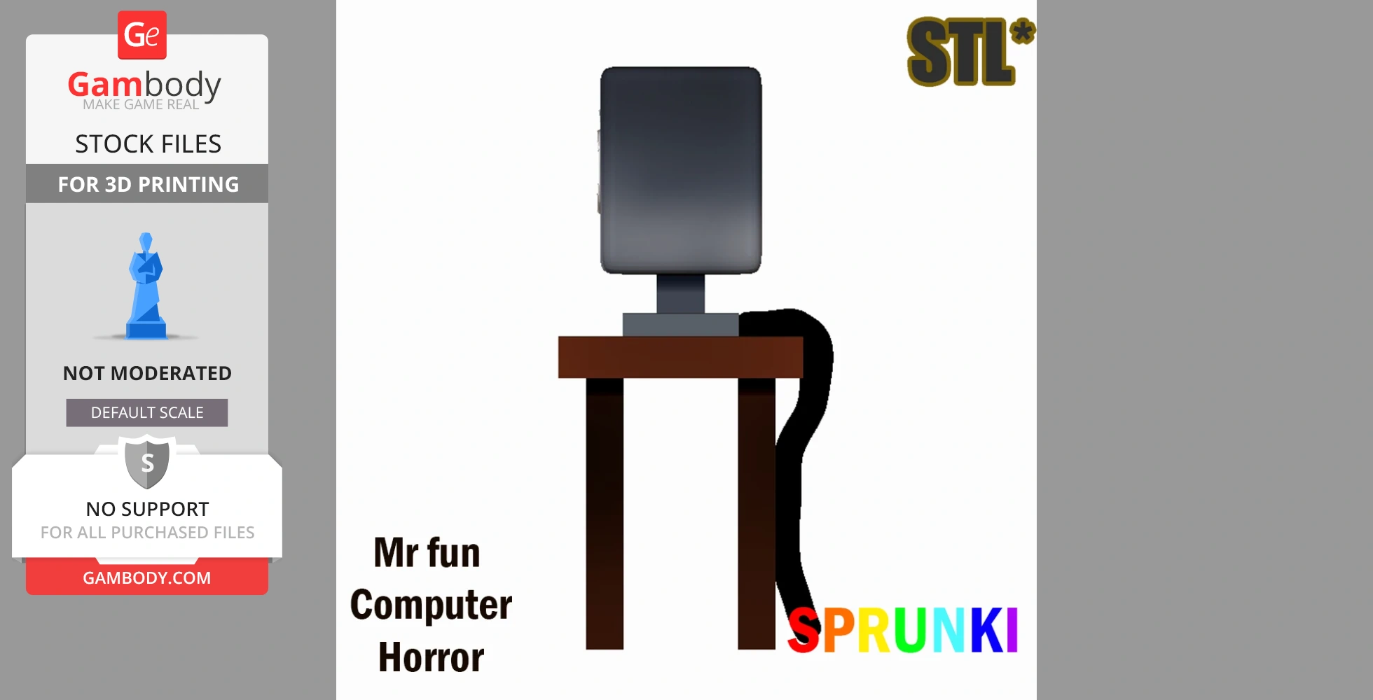 A whimsical computer device on a table, with a cable hanging off the side. Text reads 'Mr fun Computer Horror SPRUNKI.'