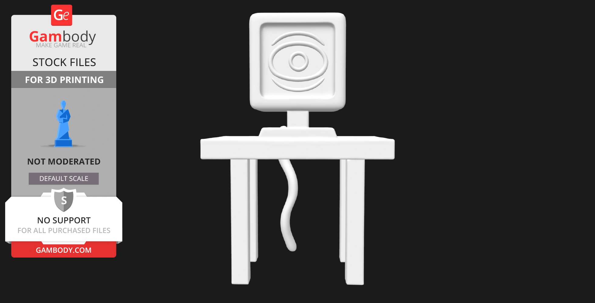 A stylized 3D model of a computer with an eye on the screen, atop a four-legged table.