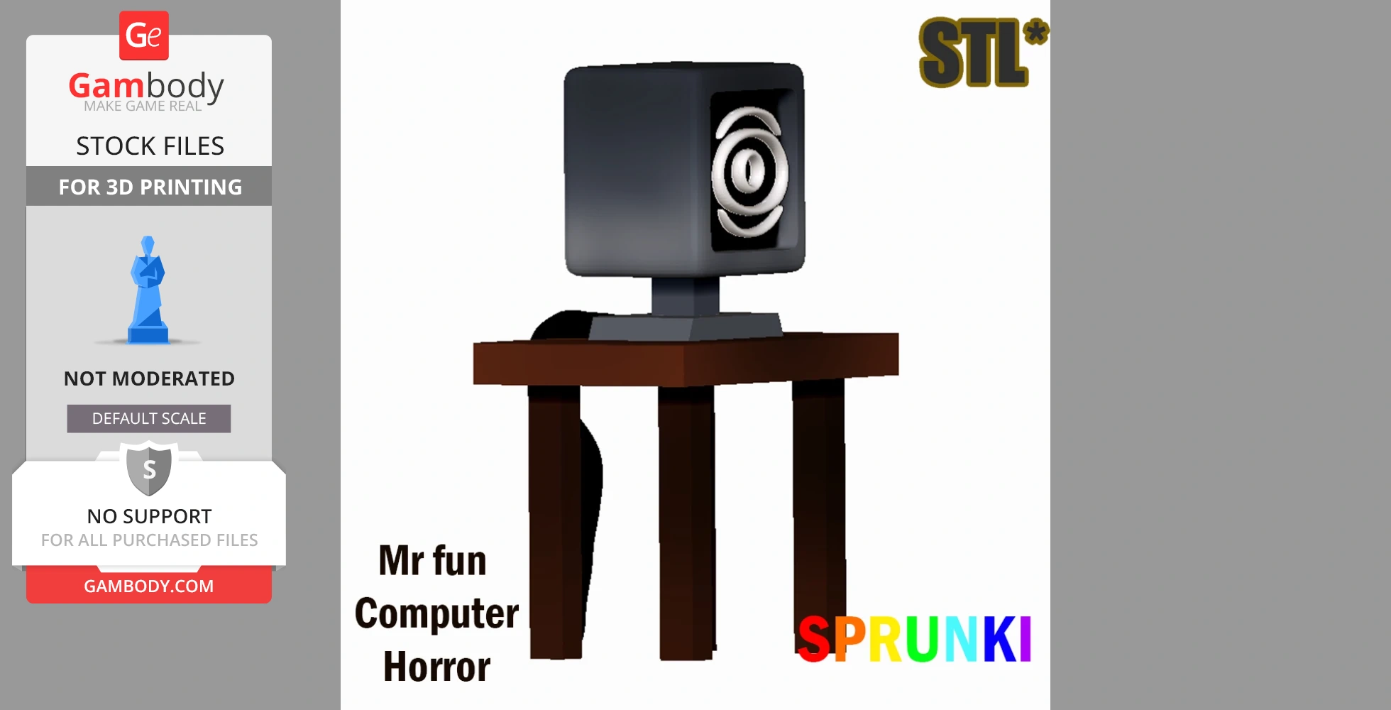 A stylized cube-shaped computer with a spiral screen on a brown stand, labeled 'Mr. Fun Computer Horror.'